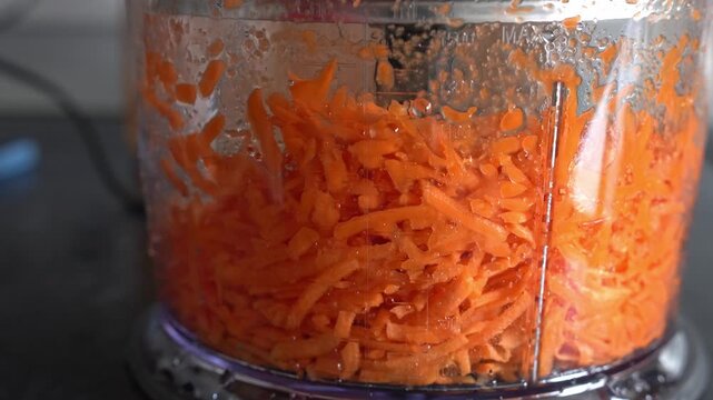 A close-up of carrots being shredded in a food processor. Shredding carrots in a food processor.