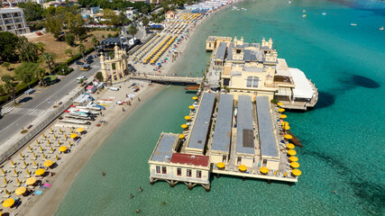 Aerial view of the Charleston on Mondello Beach, located near Palermo, Sicily, Italy. This Art Nouveau beach resort overlooks the turquoise waters of the Tyrrhenian Sea. A beautiful beach club.