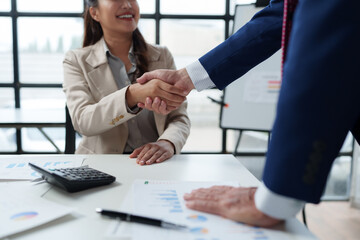 Business partners shaking hands negotiating financial agreement