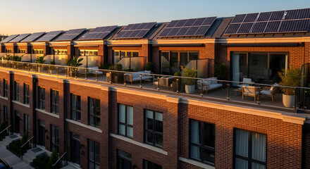 Obraz premium Modern brick townhouses with rooftop solar panels and chic outdoor living spaces bathed in warm golden hour sunlight, perfect for sustainable urban lifestyle.