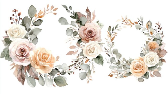 Delicate floral arrangements with soft rose and eucalyptus elements.