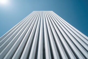 Low-angle view of a tall contemporary skyscraper featuring clean vertical lines and a clear blue sky in the background.
