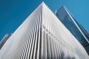 Low-angle view of a tall contemporary skyscraper featuring clean vertical lines and a clear blue sky in the background.