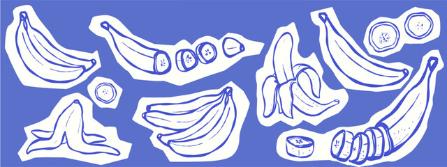 Paper cut out banana set. Doodle fruit, whole banana, sliced, half, banana peel. Hand drawn naive design elements for social media, stickers, posters, postcards, and print. Hand drawn vector sketch.