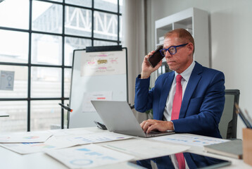 Obraz premium Mature businessman communicating on phone and working on laptop