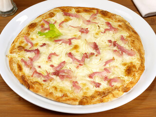 Traditional Tarte Flambee with Creme Fraiche, Onion and Bacon