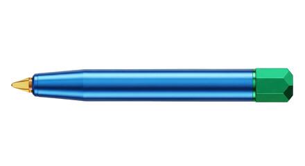 Isolated blue pen with gold tip and green end-cap for writing or drawing, studio shot