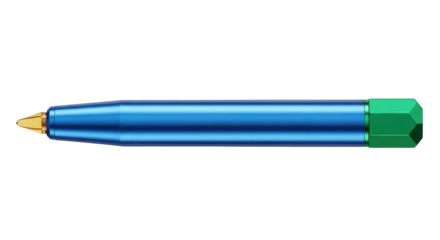 Isolated blue pen with gold tip and green end-cap for writing or drawing, studio shot