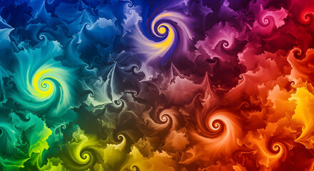 A vibrant and colorful abstract background with swirling fractal patterns across the entire rainbow spectrum