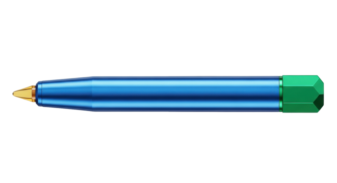 Isolated blue pen with gold tip and green end-cap for writing or drawing, studio shot