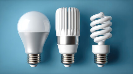 Three types of light bulbs including LED, compact fluorescent, and spiral bulb on blue background, energy efficient, modern design