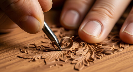Macro close-up of a woodcarver's hand using a precision tool to carve an intricate leaf detail into wood
