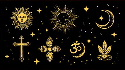 Mystical symbols in gold, sun, moon, stars, plant, and cross on a contrasting black background