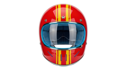 Isolated Red retro full face helmet with yellow stripes, protective headwear, safety gear