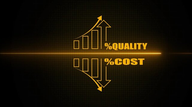 Neon Line Percentage Icon Animation Representing Quality Control, Business Growth, and Cost Reduction Strategy with Upward Arrow for Success and Downward Arrow for Expense, 