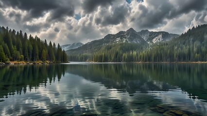 Realistic HDR scene of misty pine forest around a serene alpine lake.