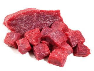 Raw Beef Goulash on white Background