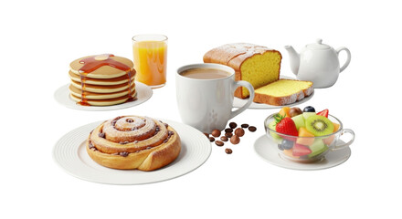 Isolated breakfast spread with pancakes, pastry, coffee, juice, fruit salad and bread loaf