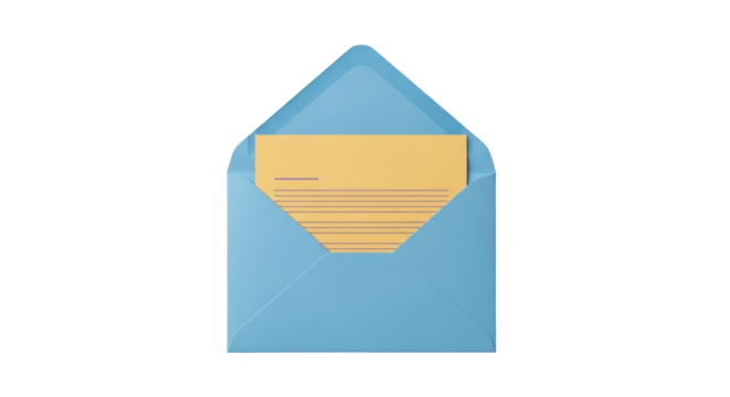 Isolated blue open envelope with a paper inside, mail and communication concept theme