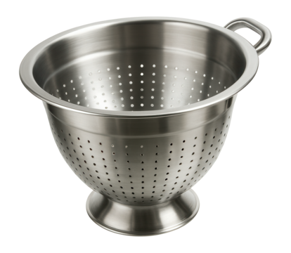 Wide-rimmed colander for chefs to efficiently strain stocks in large kitchens.