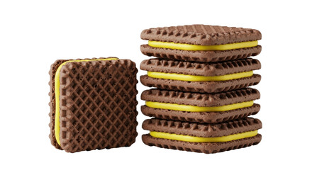 Isolated stack of chocolate square cookies with yellow filling, sandwich treats for snacking