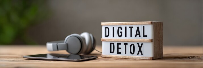 Lightbox with digital detox message placed on wooden table near headphones and tablet is promoting unplugging from technology and enjoying real life