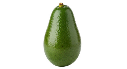 Isolated whole green avocado fruit with brown stem against plain backdrop, single object