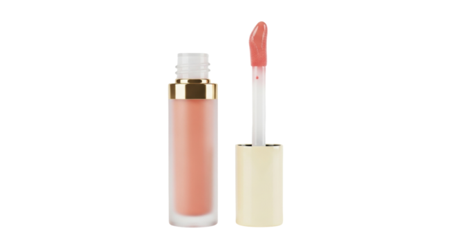 Isolated beige lip gloss container with applicator ready for beauty fashion makeup kit use
