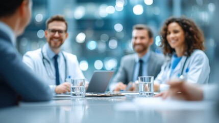 A group of medical professionals in a meeting, discussing work around a table with laptops and glasses of water in a bright, modern office setting.