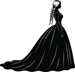 Silhouette of elegant princess with long curly hair wearing flowing gown, fairytale royal woman vector illustration for fantasy design © MdMeherul
