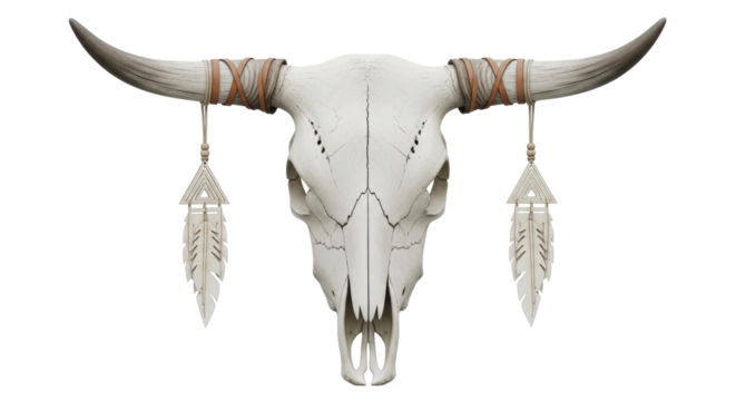 Isolated animal skull artwork—bison, cow or bull, with horns wrapped and dangling feathers