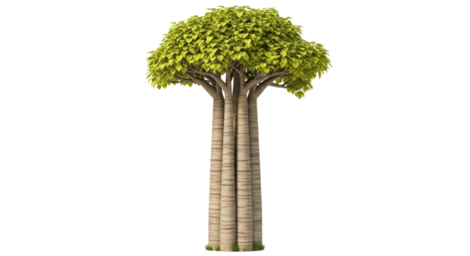 Isolated tropical baobab tree with multiple stems, foliage, and green leaves, botanical study