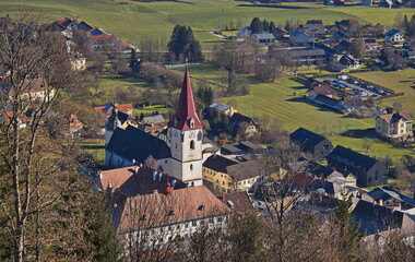 View of parish church in Aflenz Kurort from B&uuml;rgeralm,Bruck-M&uuml;rzzuschlag District,Styria,Austria
