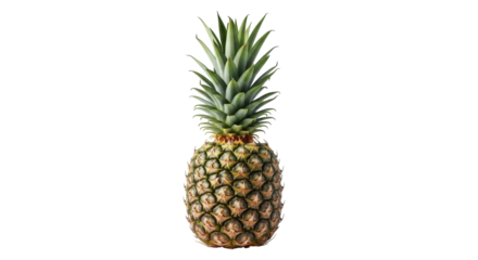 Isolated pineapple on a light backdrop, tropical fruit with green leaves and textured skin