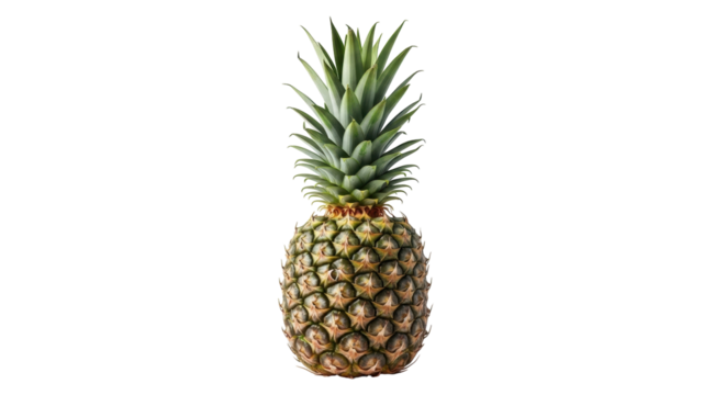 Isolated pineapple on a light backdrop, tropical fruit with green leaves and textured skin