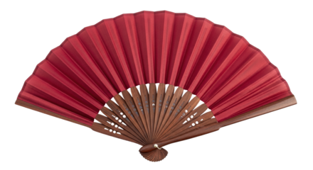 Isolated open red hand fan, Asian fashion accessory made with colorful fabrics and wood slats