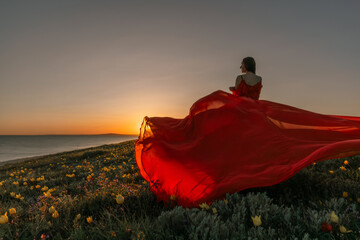 Sunset Dress Woman: Woman gazes during sunset in red dress on flower field at beach for solitude.