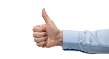 Isolated thumbs up hand gesture with blue shirt cuff for positive endorsement approval