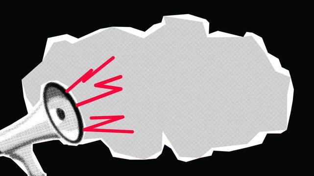 megaphone, magazine-style text bubble on a dark background, important messages, breaking news, halftone collage art