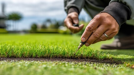 A close-up of hands carefully sewing or repairing a golf green with precision tools, highlighting detailed turf maintenance.