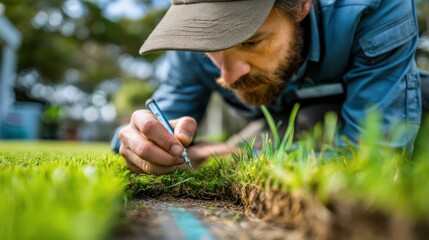 A man closely examining and marking turf on a lawn, focused on grass and soil detail outdoors.