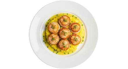 Isolated pan seared scallops served on a yellow sauce in a restaurant setting, fine dining