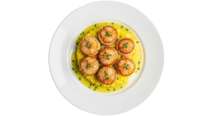 Isolated pan seared scallops served on a yellow sauce in a restaurant setting, fine dining