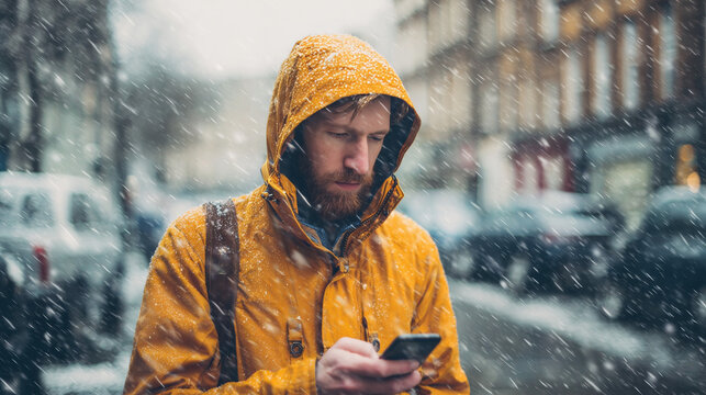 A man outdoors checks the latest weather update on his smartphone