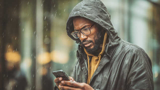 A man outdoors checks the latest weather update on his smartphone
