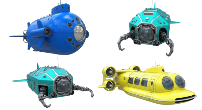Isolated, four unique submersible designs in various bright colors on neutral backdrop