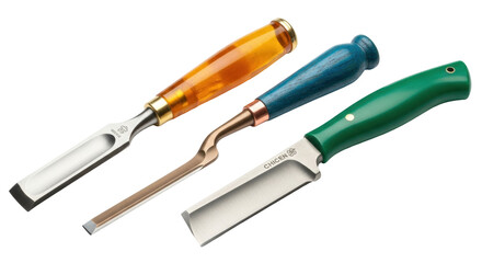 Isolated wood carving chisels with colorful handles displayed in a row, studio shot