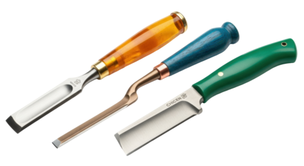 Isolated wood carving chisels with colorful handles displayed in a row, studio shot