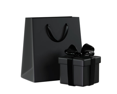3D Black Shopping Bag and Black Gift Box with a black Ribbon and Bow. A stylized icon perfect for Black Friday, holiday, Birthday, or Christmas. 3D rendering 
