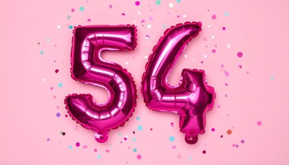 Obraz premium Pink balloon number 54 with confetti on solid colored background. Photo for anniversary or birthday party